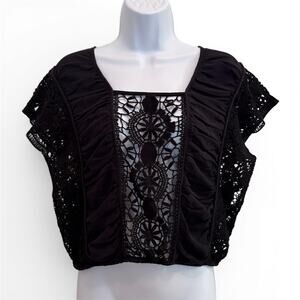 Free People Black Crochet Lace Bubble Crop Top Sz S Boho Cottagecore Whimsigoth